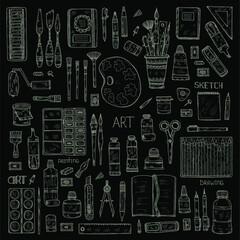 Set of cute hand drawn art tools including pencils; pens; watercolor; eraser; pastel; brush; and others. Vector hand drawn art collection