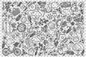 Spring doodle set. Collection of hand drawn sketches templates patterns of seeding soils flowers bloom and birds arrival on transparent background. Weather season illustration © drawlab19