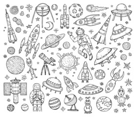Set of cute hand drawn space objects: stars, rockets, planets, moon, sun etc. Hand-drawn vector collection