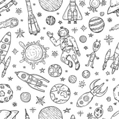 Seamless pattern with cute hand drawn space objects: stars, rockets, planets, moon, sun etc. Hand-drawn vector collection