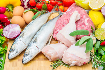 concept of mediterranena diet with fish,meat and vegetables
