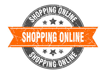 shopping online round stamp with ribbon. label sign