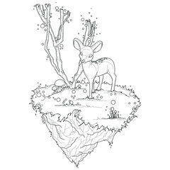 Cartoon reindeer in a fairy forest scene. Vector illustration template in black and white for games, background, pattern, decor. Print for fabrics and other surfaces. Coloring paper, page, story book