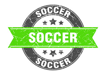 soccer round stamp with ribbon. label sign