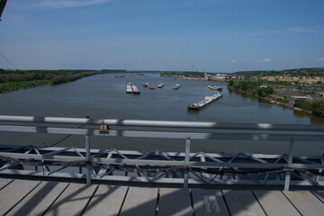  view  from The Anghel Saligny Bridge,
ships, barges on the Danube,Cernavoda, Romania. may , 2017