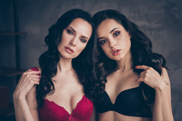 Close-up portrait of two nice attractive chic gorgeous stunning hot girls enticing bonding...