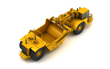 New clean wheel tractor scraper isolated on white background. Isometric. Rear view. View from above. 3D render