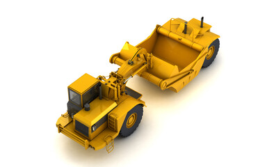 New clean wheel tractor scraper isolated on white background. Isometric. Front view. View from above. 3D render