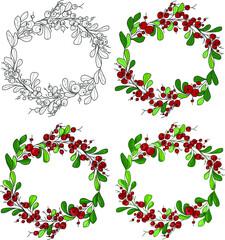 Cartoon Christmas New Year berry wreath with leafs template set. Vector illustration in color and black and white for invitations, cards, games, background, pattern, decor. Coloring paper, page, book
