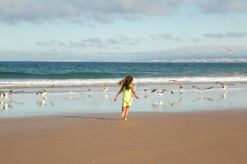 Active black haired little girl in summer clothes running on wet sand on beach, frightening gulls away. Wide shot, back view. Childhood concept