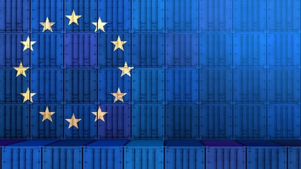 The restart of european economy. Import export business. Stacked cargo containers. Flag of EU....