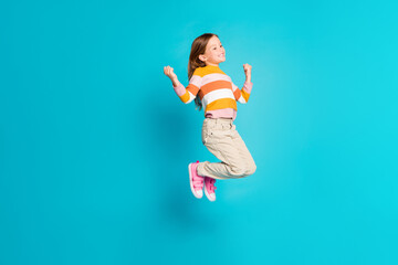Full length body size view of her she nice attractive cheery cheerful glad lucky girl jumping...