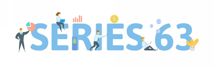 Series 63, Uniform Securities Agent State Law Examination. Concept with keywords, people and icons. Flat vector illustration. Isolated on white.