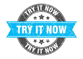 try it now round stamp with ribbon. label sign