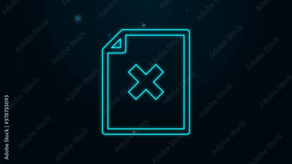 Poster glowing neon line delete file document icon isolated on black background. rejected document icon. cr