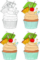 Pina colada cupcakes with colorful cream, pineapple, cherry and umbrella in four different ways. Summer vector illustration set, sketch in black and white for games, background, pattern.Coloring paper