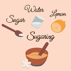 Cup, spatula, spoon of sugar, glass of water, limon in flat style. The recipe of sugar paste for depilation. Illustration can be used as icon or design element for beauty and SPA site, blogs