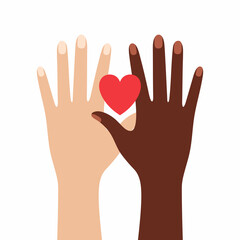 Hands with different skin color and heart - interracial love.