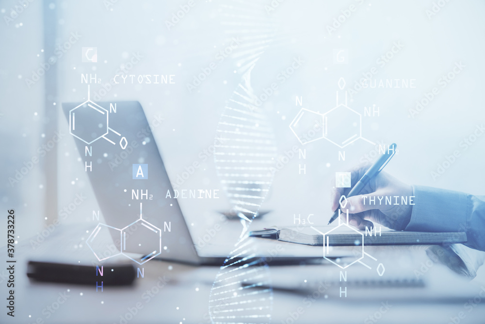 Poster dna hologram with businessman working on computer on background. concept of bioengineering. double e