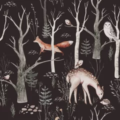 Fotobehang Bosdieren Aquarel Woodland dierlijke Scandinavische naadloze patroon. Stof behang achtergrond met uil, egel, vos en vlinder, konijn bos eekhoorn en aardeekhoorn, beer en vogel baby dier,