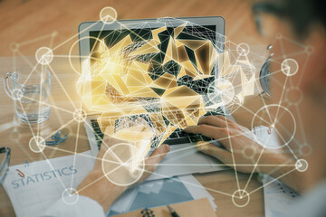 Man typing on keyboard background with brain hologram. Concept of big Data.
