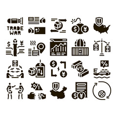 Trade War Business Glyph Set Vector. Trade War Bomb And Rocket, Usa And China Economy Fighting, Dollar Vs Yuan Glyph Pictograms Black Illustrations