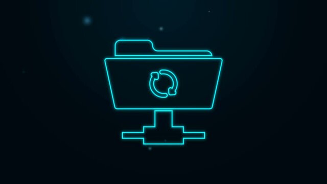 Glowing neon line FTP sync refresh icon isolated on black background. Software update, transfer protocol, router, teamwork tool management, copy process. 4K Video motion graphic animation.