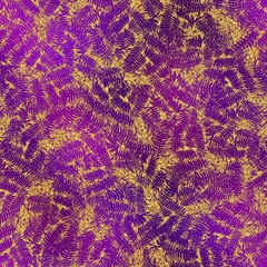 Gold glitter and purple tropical seamless pattern. High quality illustration. Real glitter texture in the shape of tropical palm tree leaves overlayed on a purple blurry background. Seamless design.