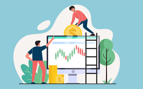 Stock market index, stock market data on the desktop with a chart of buying and selling concepts. Equity stock trading and exchange business. vector flat illustration