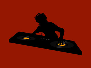 DJ and vinyl deck silhouette on red background