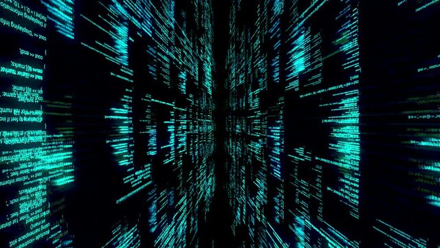 Flying through the parallel abstract informational lines, blue version. Animation. Moving through time and space, science fiction and technology concept.