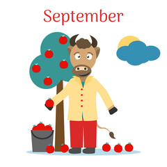 Calendar 2021. Year of the bull. Animal buffalo, cow. Funny winter bull isolated on a white background. Symbol of 2021. Flat vector illustration. September.