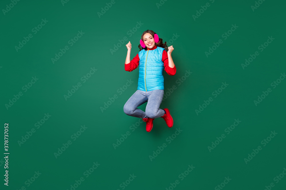 Sticker Full length body size view of attractive pretty lovely lucky glad cheerful cheery girl jumping having fun celebrating enjoying vacation holiday trip isolated green pastel color background