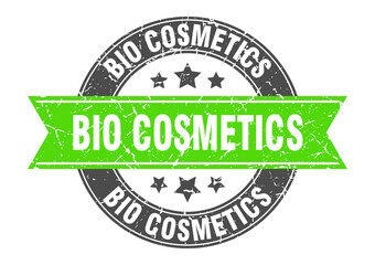 Obraz premium bio cosmetics round stamp with ribbon. label sign