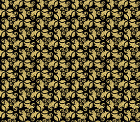 Floral vector ornament. Seamless abstract classic background with flowers. Black and golden pattern with repeating floral elements. Ornament for fabric, wallpaper and packaging
