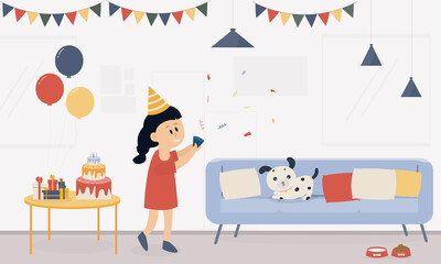 A girl concept birthday celebrating a living room party with a dog, a dog sitting on a sofa. , With gift box The cakes are placed on the table decorated with balloons,Small Party on holiday.