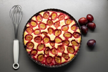 plum cake new york in a bakeware. grey background