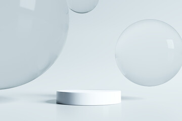 Cosmetic product stand. sphere shape glass on bright white background. 3D rendering