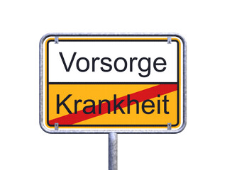 3d Illustration - Ortsschild - Ortstafel - Vorsorge - Krankheit - Freisteller - Freigestellt