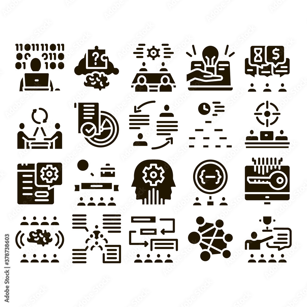 Poster hackathon development glyph set vector. hackathon business, developer coding and brainstorm, meeting