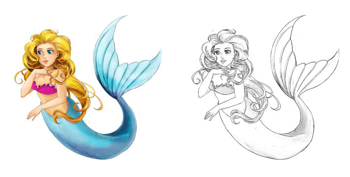 Cartoon mermaid with sketch swimming illustration