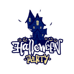 Handwritten type lettering of Halloween Party with hand drawn haunted house and pumpkins