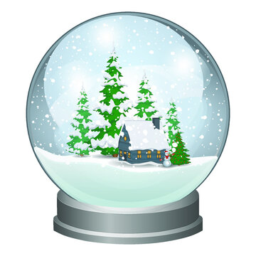 Snow globe with Christmas trees, a snowman and a house. Winter fairy tale. Vector illustration