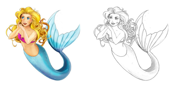 Cartoon mermaid with sketch swimming illustration