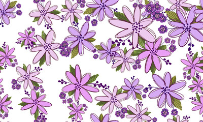 Simple cute floral bouquet vector pattern with small and medium flowers and leaves.