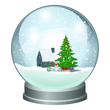 Snow globe with christmas tree, presents and snowman. Winter fairy tale. Vector illustration