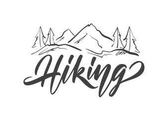 Vector Modern brush lettering type of Hiking with Hand drawn Mountains sketch landscape