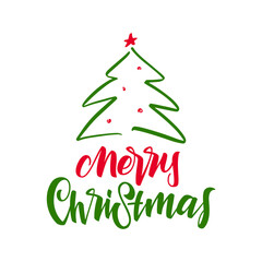 Fototapeta na wymiar Vector handwritten lettering of Merry Christmas with decorated Christmas tree