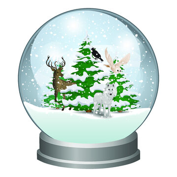 Snow globe with Christmas trees and wild animals. Wild deer, crow, owl and wolf in winter. Winter fairy tale. Vector illustration.