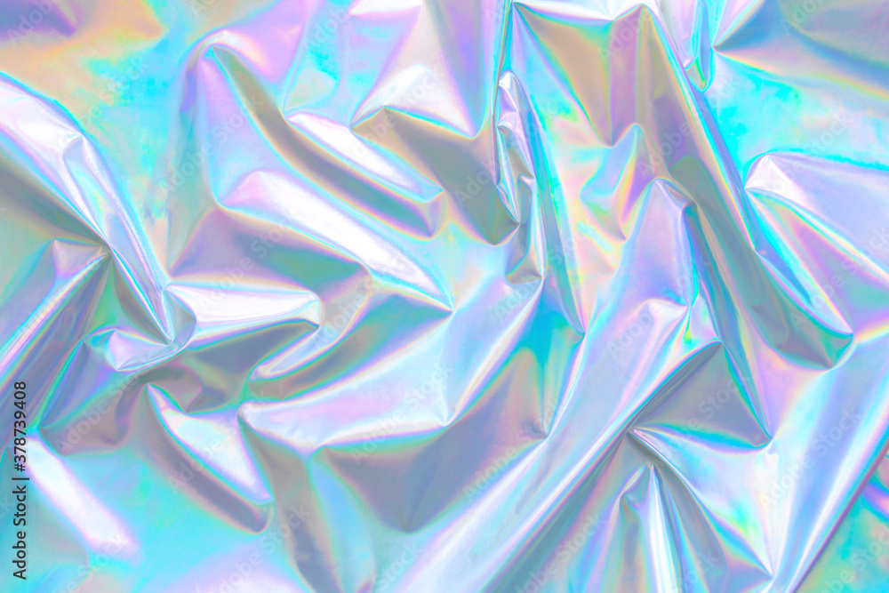 Poster abstract modern pastel colored holographic background in 80s style. crumpled iridescent foil textile
